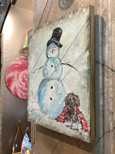 Load image into Gallery viewer, Snowman with Puppy- Hand-painted Wooden Pallet Wood Wall Decor
