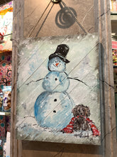 Load image into Gallery viewer, Snowman with Puppy- Hand-painted Wooden Pallet Wood Wall Decor
