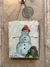 Load image into Gallery viewer, Snowman with Kitten - Hand-painted Wooden Pallet Wood Wall Decor
