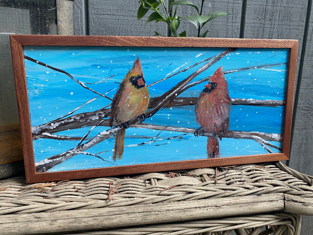 Original reclaimed wood painting “Cardinals in the Snow”