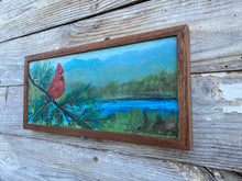 Load image into Gallery viewer, Cardinal at Lake James. Original painting on reclaimed wood
