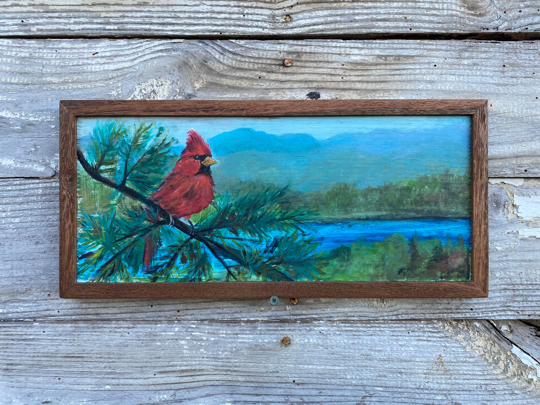 Cardinal at Lake James. Original painting on reclaimed wood