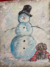 Load image into Gallery viewer, Snowman with Puppy- Hand-painted Wooden Pallet Wood Wall Decor
