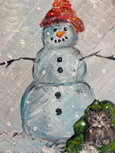 Load image into Gallery viewer, Snowman with Kitten - Hand-painted Wooden Pallet Wood Wall Decor
