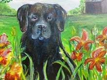 Load image into Gallery viewer, Black Lab and Summer Flowers reclaimed wood painting
